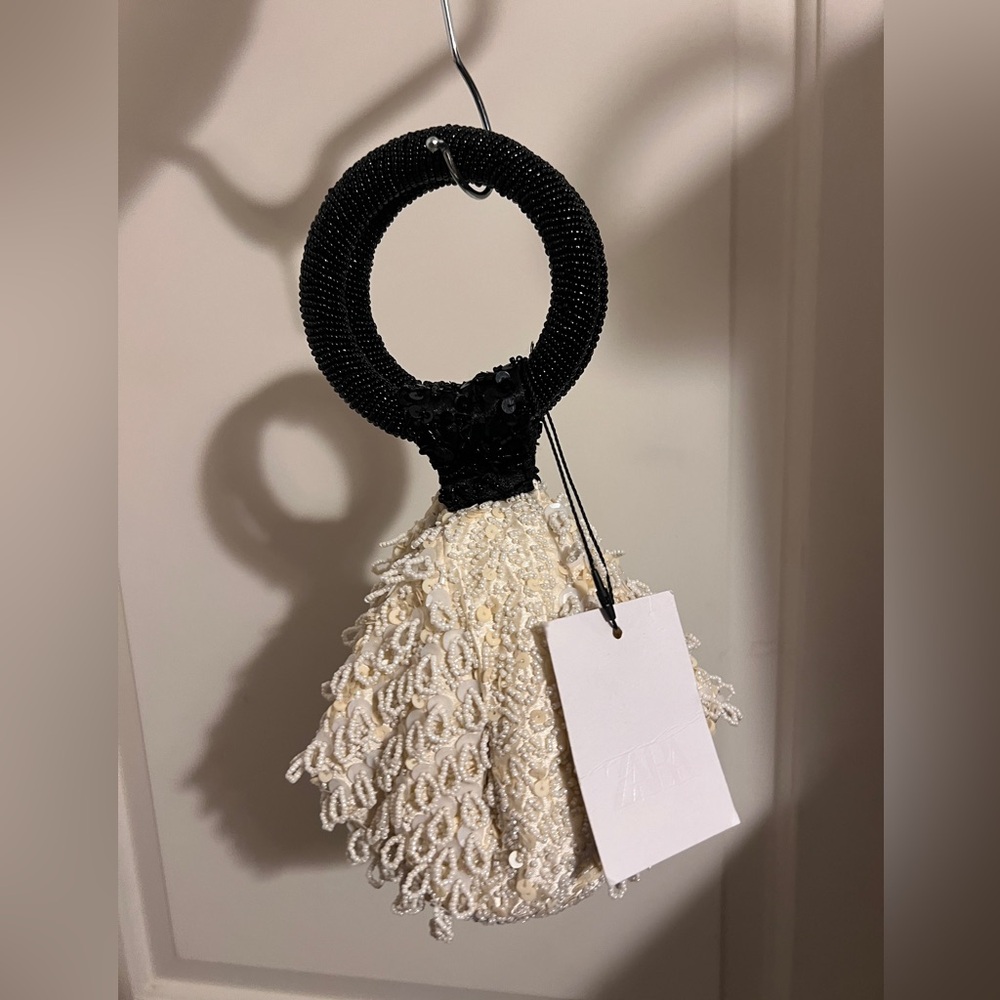 Zara Beaded Evening Mini Purse Tote Bag Cream Black Bridesmaid Wedding TikTok - Picture 11 of 13